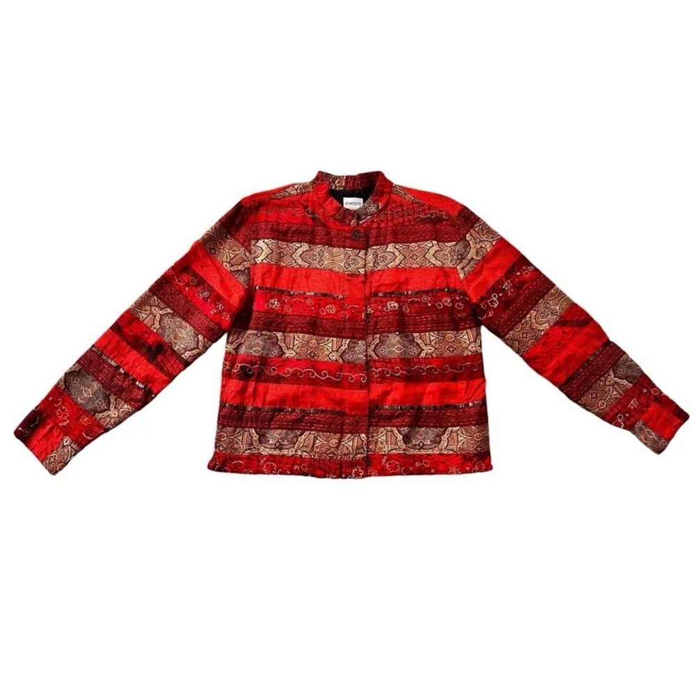 Chico's Size 1 Medium Red Gold Sequin Stripe‎ Button Front Jacket